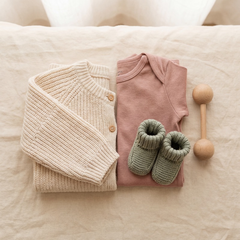 Knitted baby cardigan, bodysuit and booties