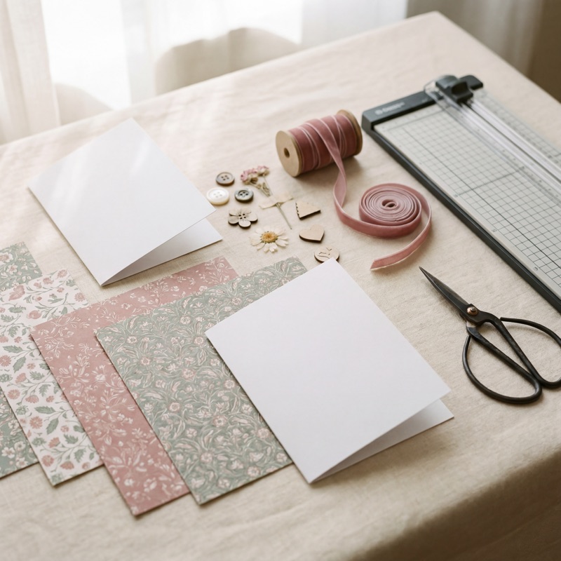 Card-making supplies — blanks, patterned papers, ribbon and scissors