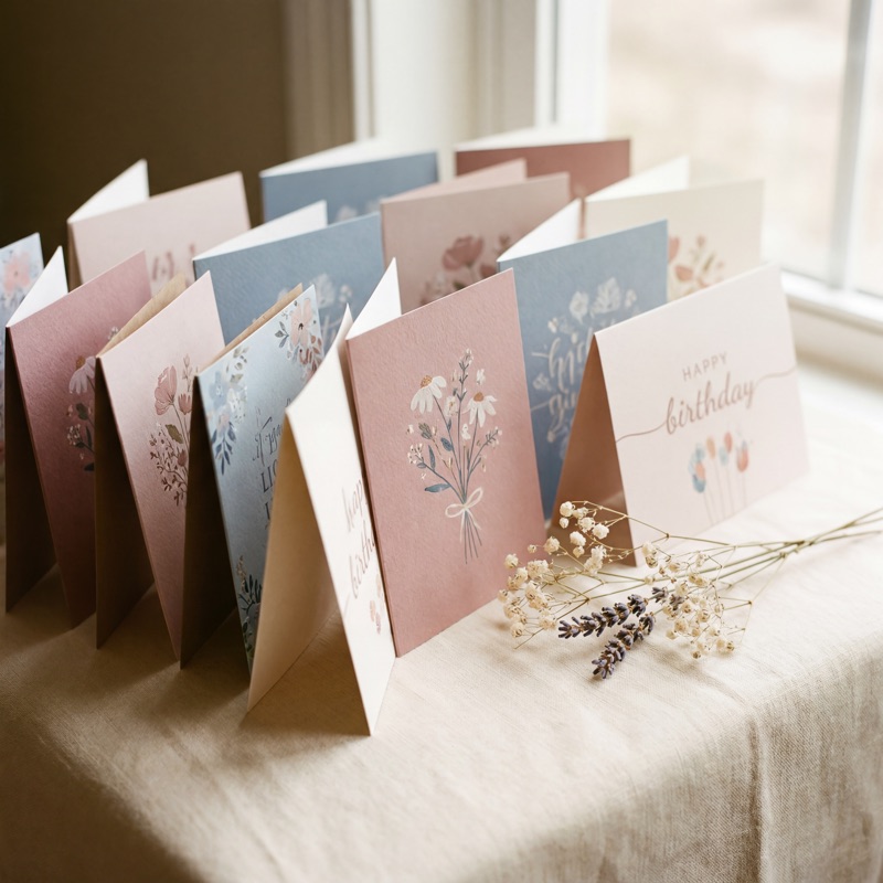 A row of handmade floral greeting cards