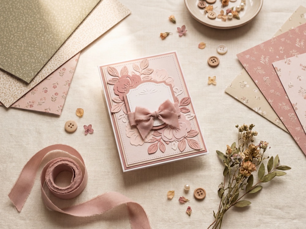 A handmade pink floral greeting card with a fabric bow, surrounded by patterned papers and dried flowers
